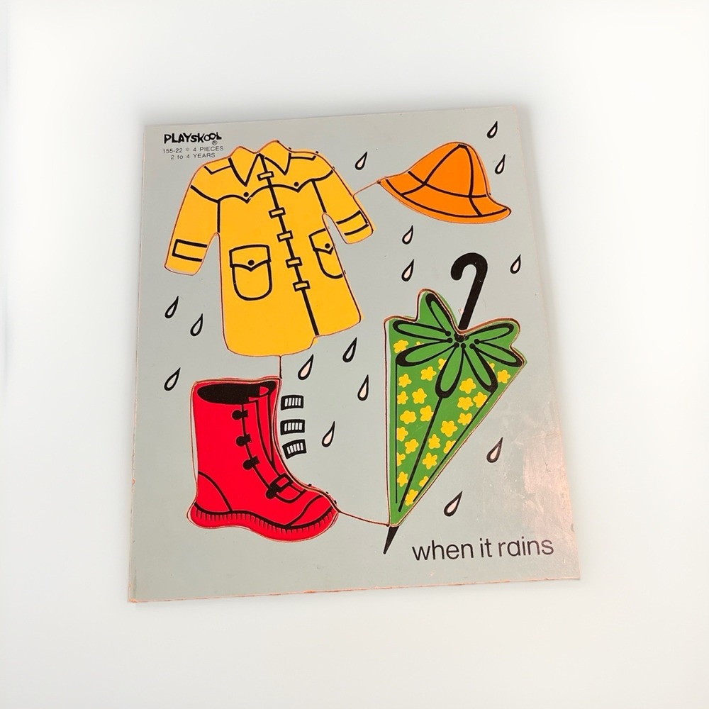 Vintage Wooden Puzzle Playskool When it Rains It Pours-Umbrella, Hat,Boots, Hat